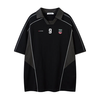 Vintage Letter Print Contrast Stitching Short Sleeves Polo Shirt