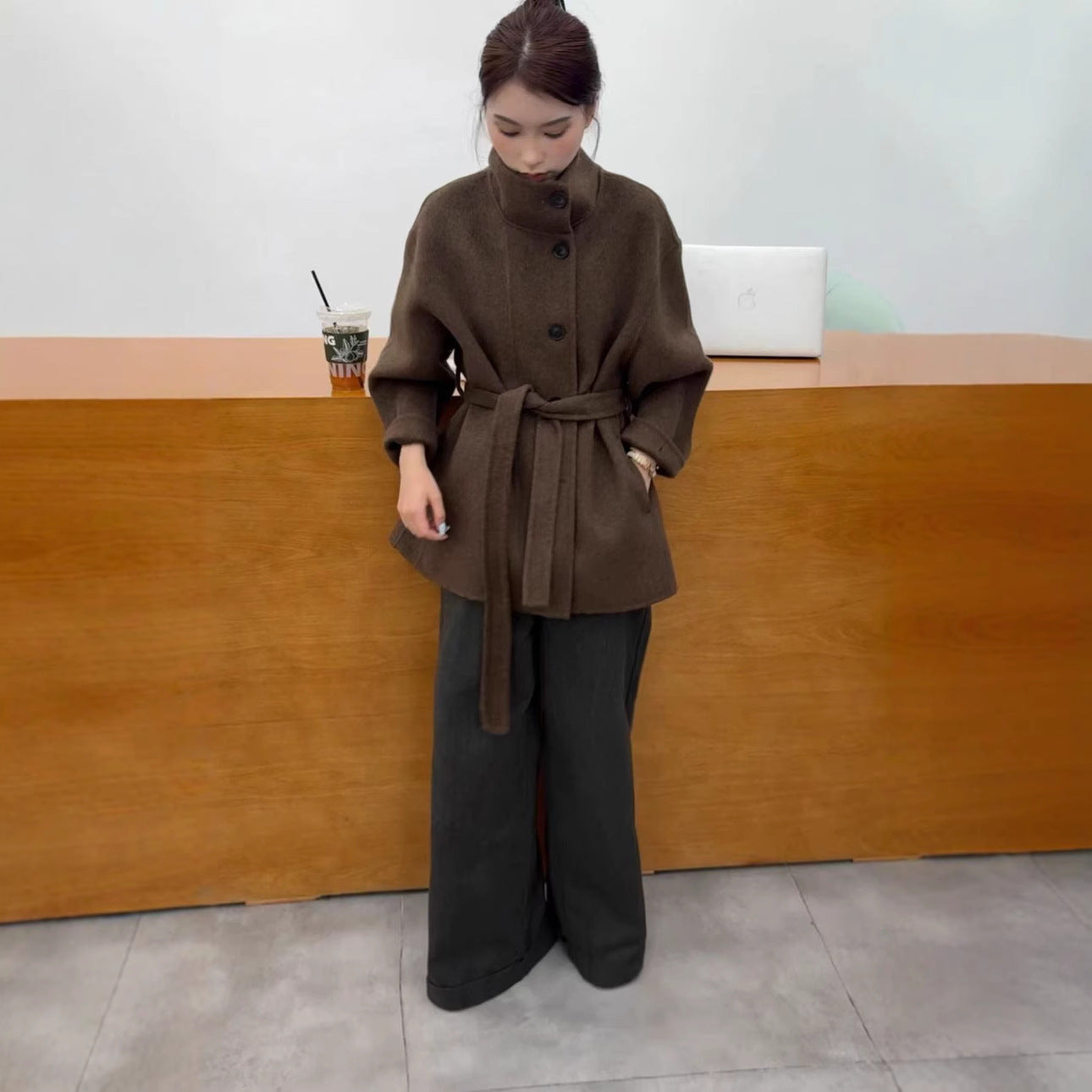 Stand Collar Advanced Loose And Idle Thick Mid-length Double-sided Wool Overcoat