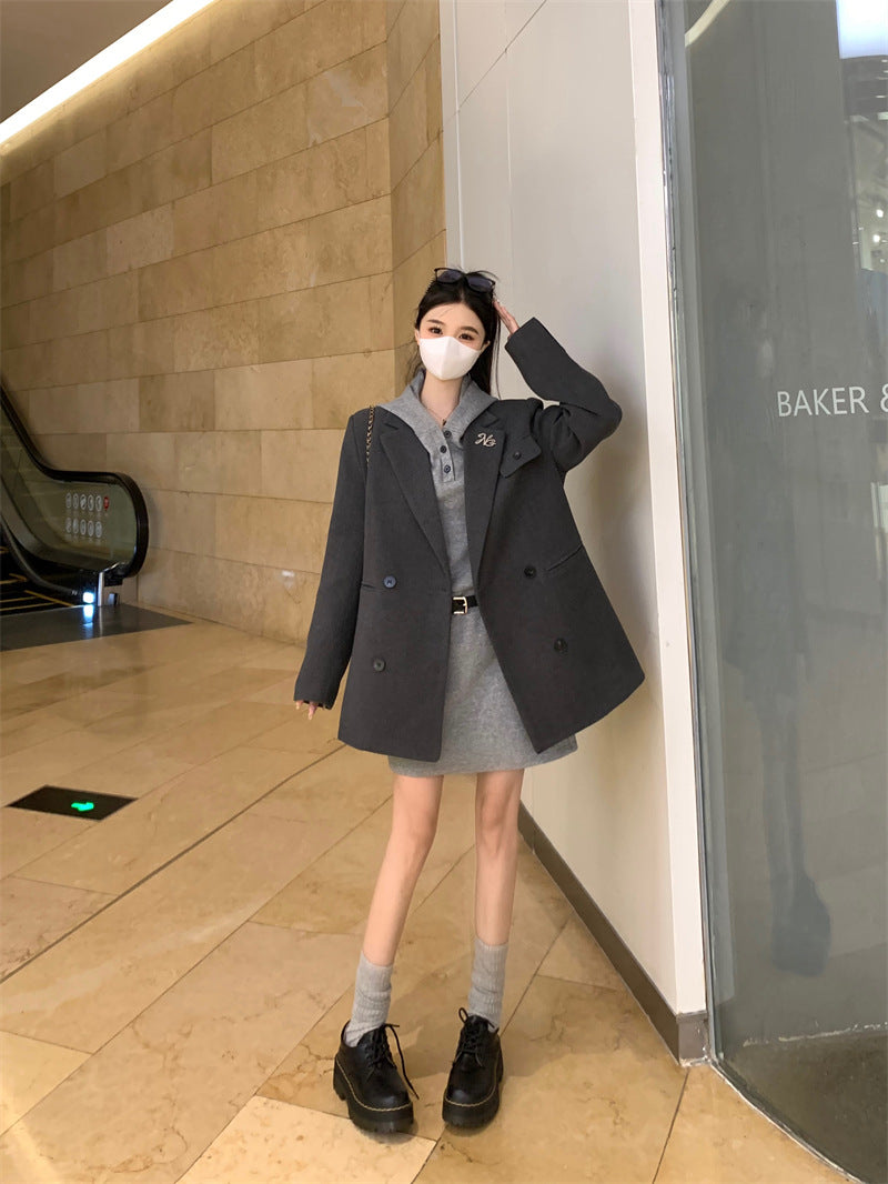 Plus Size Retro Woolen Coat Dress Suit