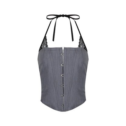 Sexy Lace Stitching Short Navel-exposed Halter Top