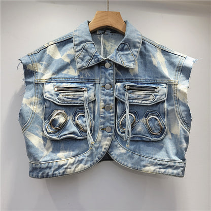 Retro Washed Distressed Workwear Short Sleeveless Denim Vest Coat For Women