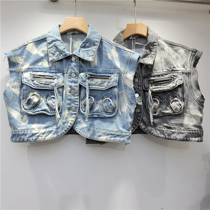 Retro Washed Distressed Workwear Short Sleeveless Denim Vest Coat For Women