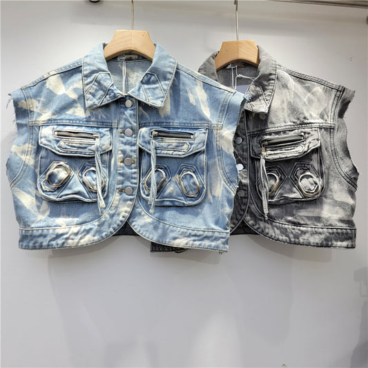 Retro Washed Distressed Workwear Short Sleeveless Denim Vest Coat For Women