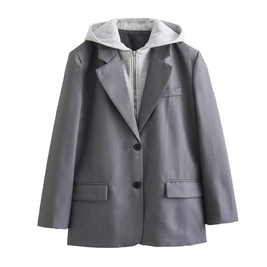 Loose Suit Jacket Women's Cross-border False Two-piece Patchwork Hooded