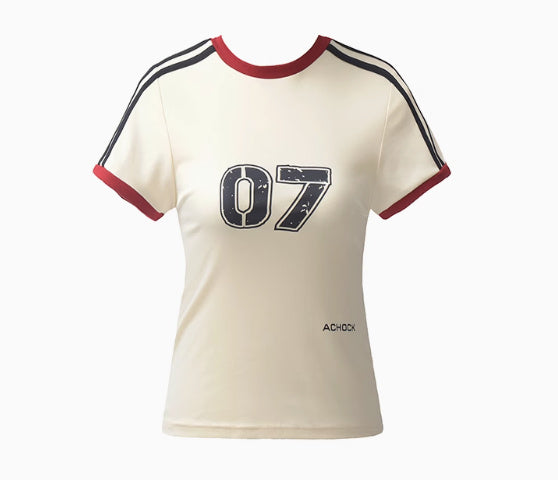 Retro Women's Contrast Color Striped Stitching Short Sleeve