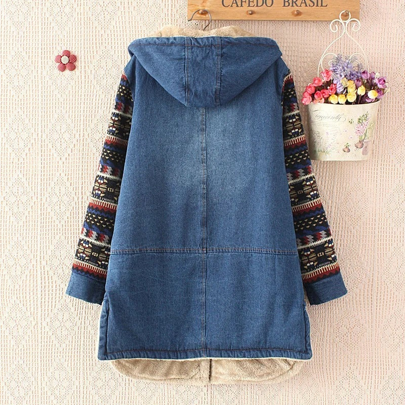 Retro Color-blocked Sleeve Printed Hooded Denim Cotton Coat