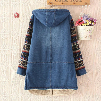 Retro Color-blocked Sleeve Printed Hooded Denim Cotton Coat