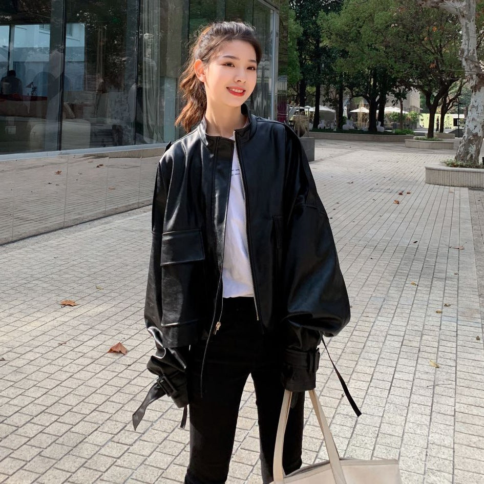 Fashion Retro Loose Collar Style Leather Jacket Women