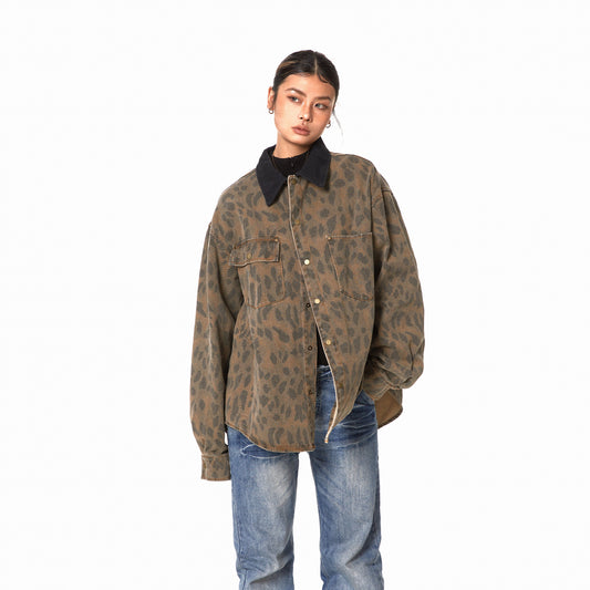 Retro Washed Leopard-print Shirt Women's Loose Distressed Coat