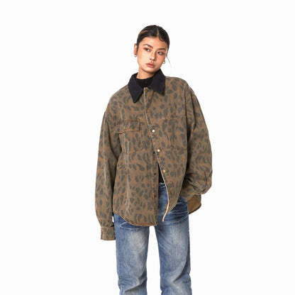 Retro Washed Leopard-print Shirt Women's Loose Distressed Coat