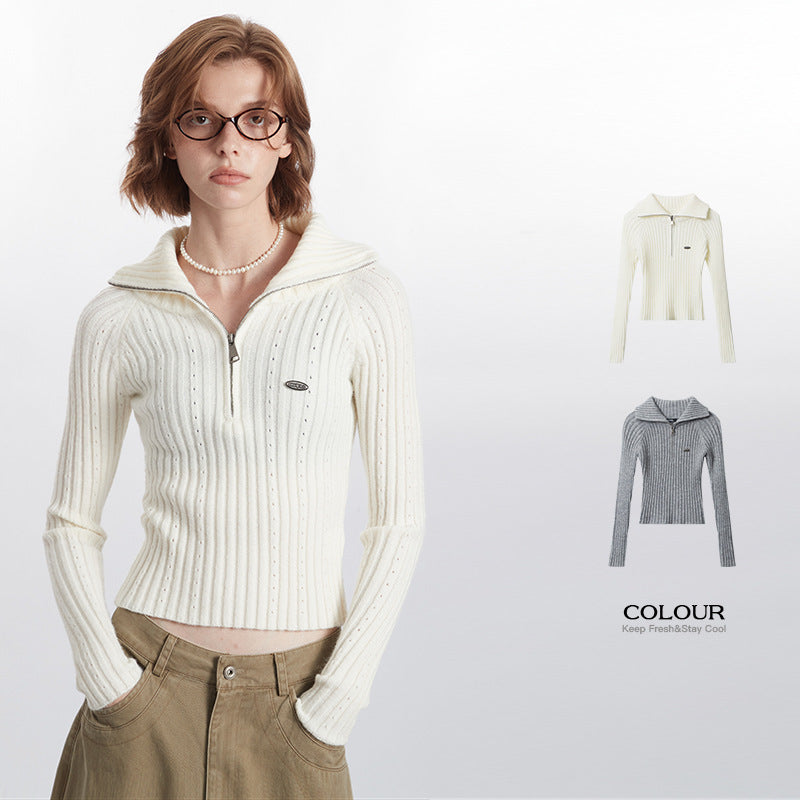 Striped Knitted Cardigan Slim-fit Crop-top Sunken Stripe Long Sleeve
