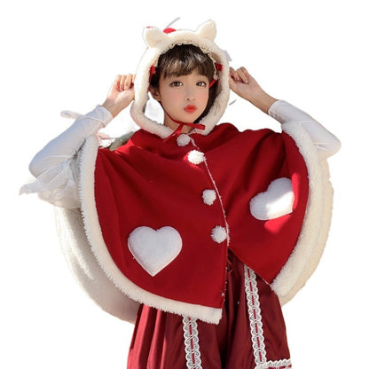 Plus Size New Winter Christmas Japanese Style Hooded Small Shawl Woolen Coat