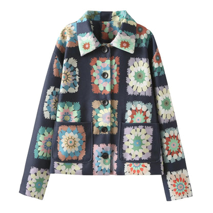 Fashion Casual Retro Printed Design Short Lapel Pocket Jacket