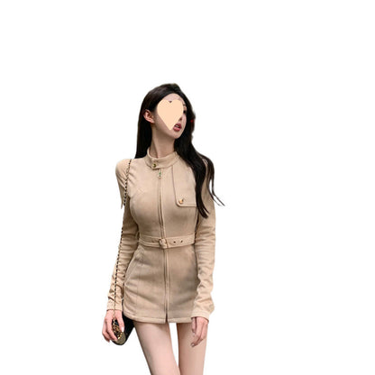 Stand Collar Air Layer Slim Suede Belt Waist-controlled Long Sleeves Coat For Women