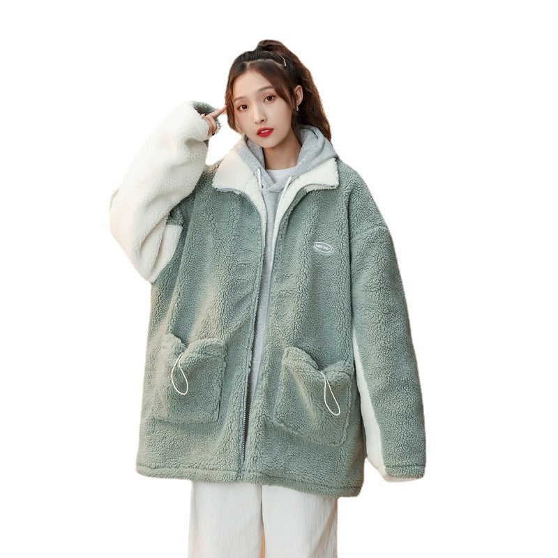 Stitching Lamb Wool Casual Loose Couple All-match Cotton Jacket