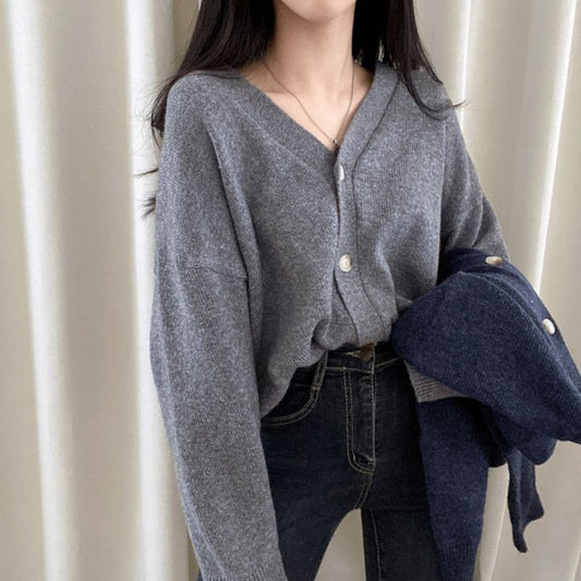 Retro V-neck Buckle Loose Leisure All-matching Long Sleeve Thick Knitted Cardigan Coat For Women