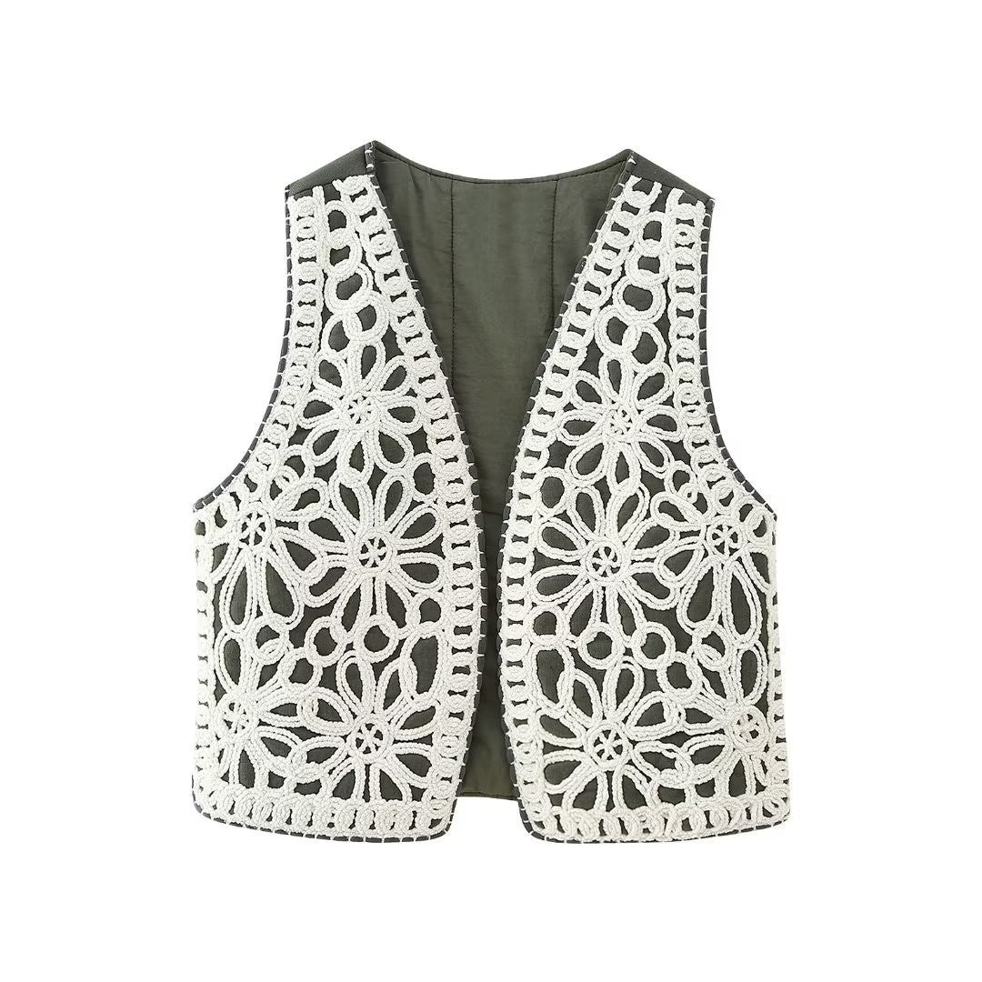 Retro Hollow Embroidery Cotton-padded Jacket Vest