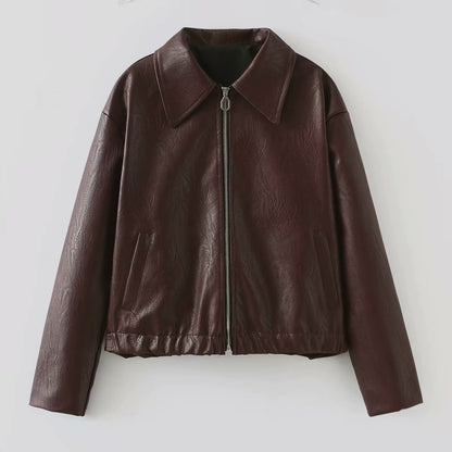 Solid Color Square Collar Leather Jacket Coat