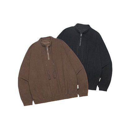 Stand Collar Zipper Drawstring Design Loose Couple Retro Autumn Winter Sweater