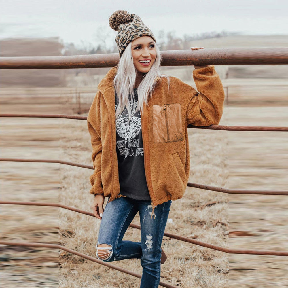 Fashion Women's Zipper Loose Thick Woolen Coat