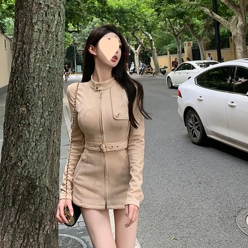 Stand Collar Air Layer Slim Suede Belt Waist-controlled Long Sleeves Coat For Women