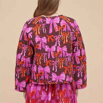 Round Neck Bowknot Printed Double-sided Lace-up Jacket