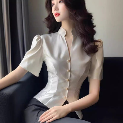 Satin Shirt Women's Tight Waist V-neck High-end Temperament Top