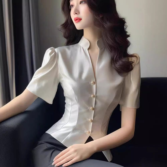Satin Shirt Women's Tight Waist V-neck High-end Temperament Top