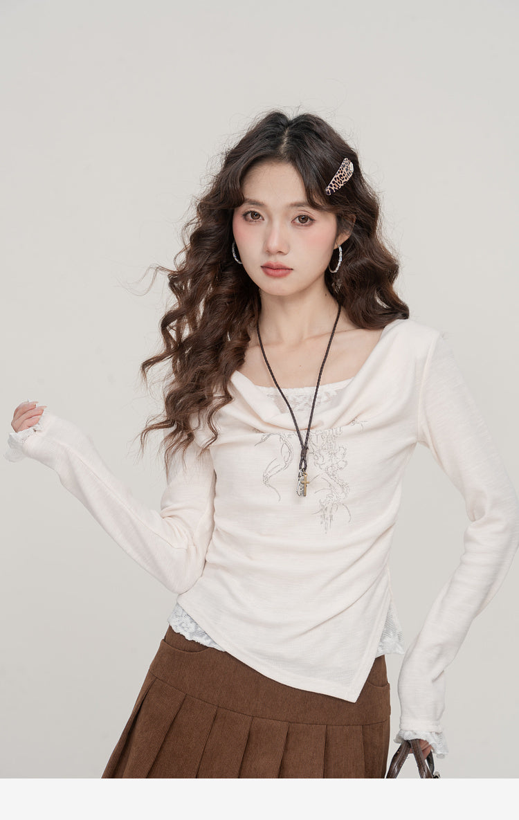 Retro Printed Swing Collar Long-sleeved T-shirt Women's Slimming False Two-piece Top