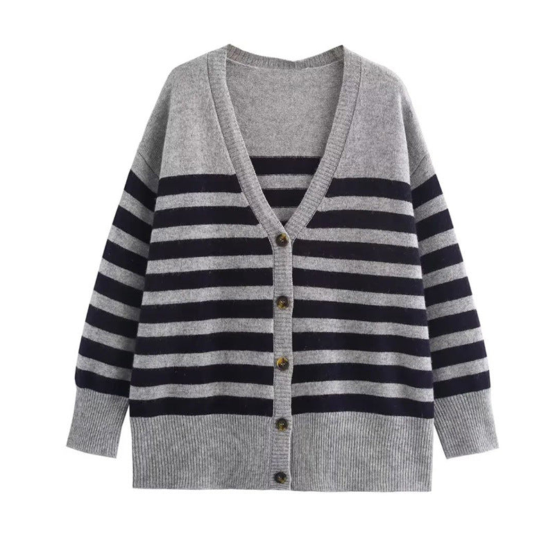 Striped Knitted V-neck Long-sleeved Jacket