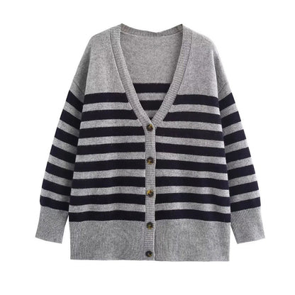 Striped Knitted V-neck Long-sleeved Jacket