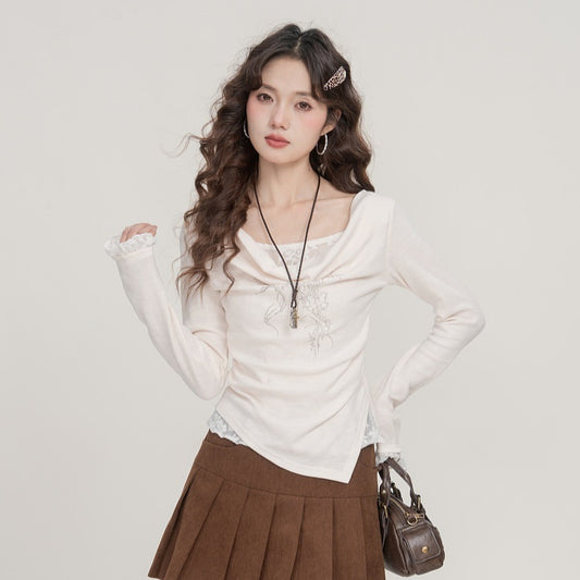 Retro Printed Swing Collar Long-sleeved T-shirt Women's Slimming False Two-piece Top