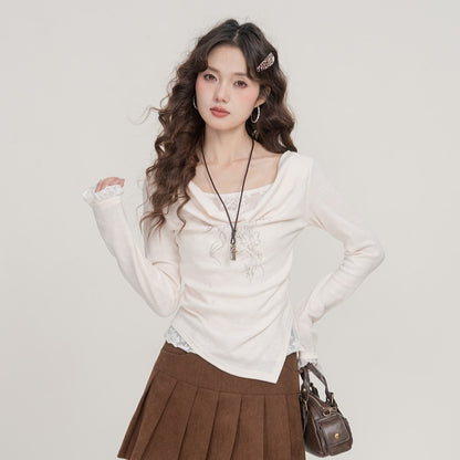 Retro Printed Swing Collar Long-sleeved T-shirt Women's Slimming False Two-piece Top