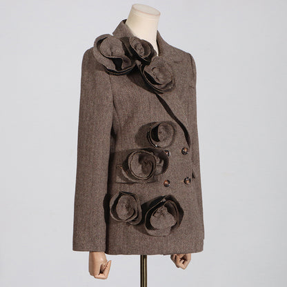 Temperament Commute Style Handmade Three-dimensional Flower Decoration Stitching Double-breasted Women's Suit Jacket