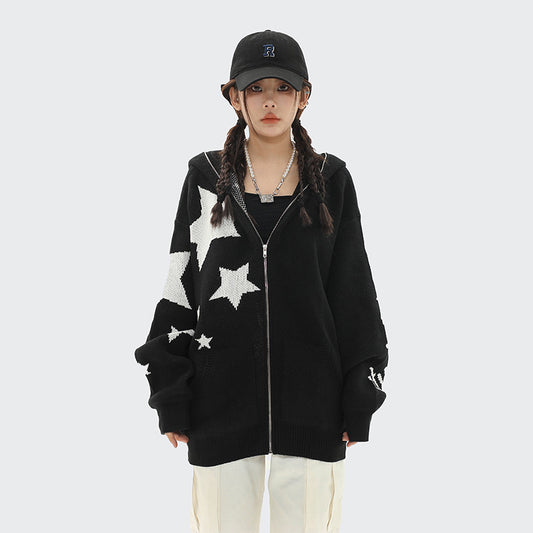 Star Yarn Dyed Loose Hooded Sweater
