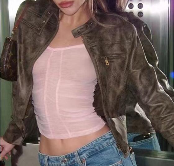 Retro Distressed Short Jacket Women's Slim Stand Collar Faux Deerskin