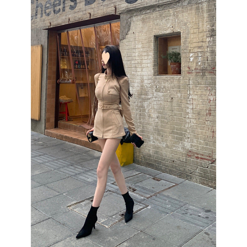 Stand Collar Air Layer Slim Suede Belt Waist-controlled Long Sleeves Coat For Women
