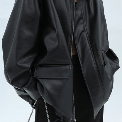 Women's Loose Retro Leather Jacket With Details