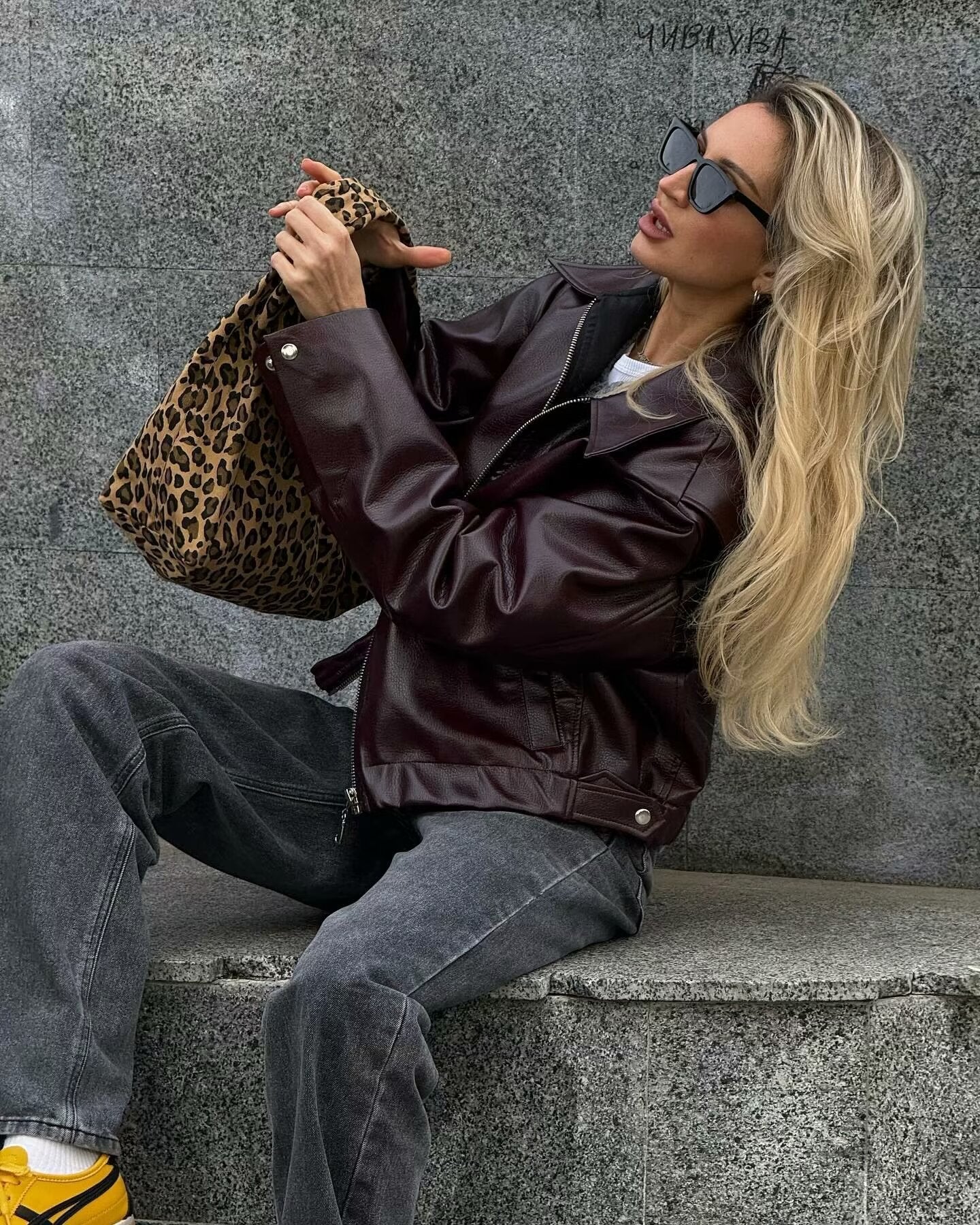 Solid Color Square Collar Leather Jacket Coat