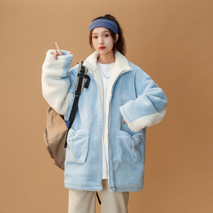 Stitching Lamb Wool Casual Loose Couple All-match Cotton Jacket