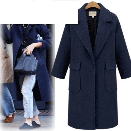 Long Casual Woolen Coat, Lapel Large Pocket Coat