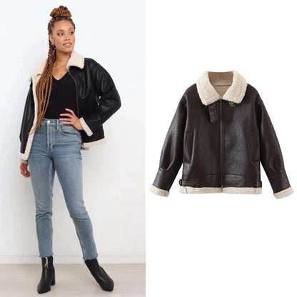 Trendy Motorcycle Style Fashion Lapel Plus Fleece Jacket
