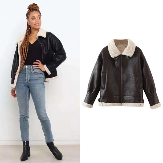 Trendy Motorcycle Style Fashion Lapel Plus Fleece Jacket