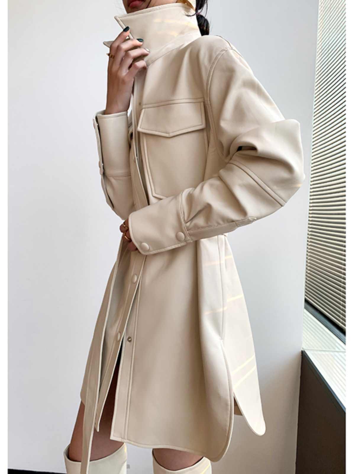 Retro White Shirt Leather Coat Women's Mid-length Cinched Blouse