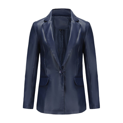 Single Button Commute Leisure Solid Color Leather Coat