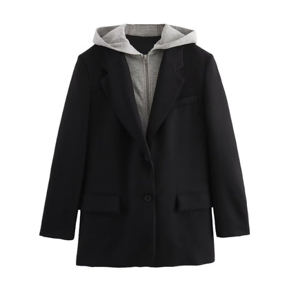 Loose Suit Jacket Women's Cross-border False Two-piece Patchwork Hooded