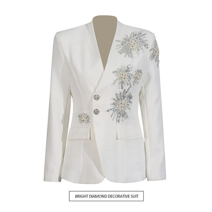 Rhinestone Design Solid Color Suit Coat For Women