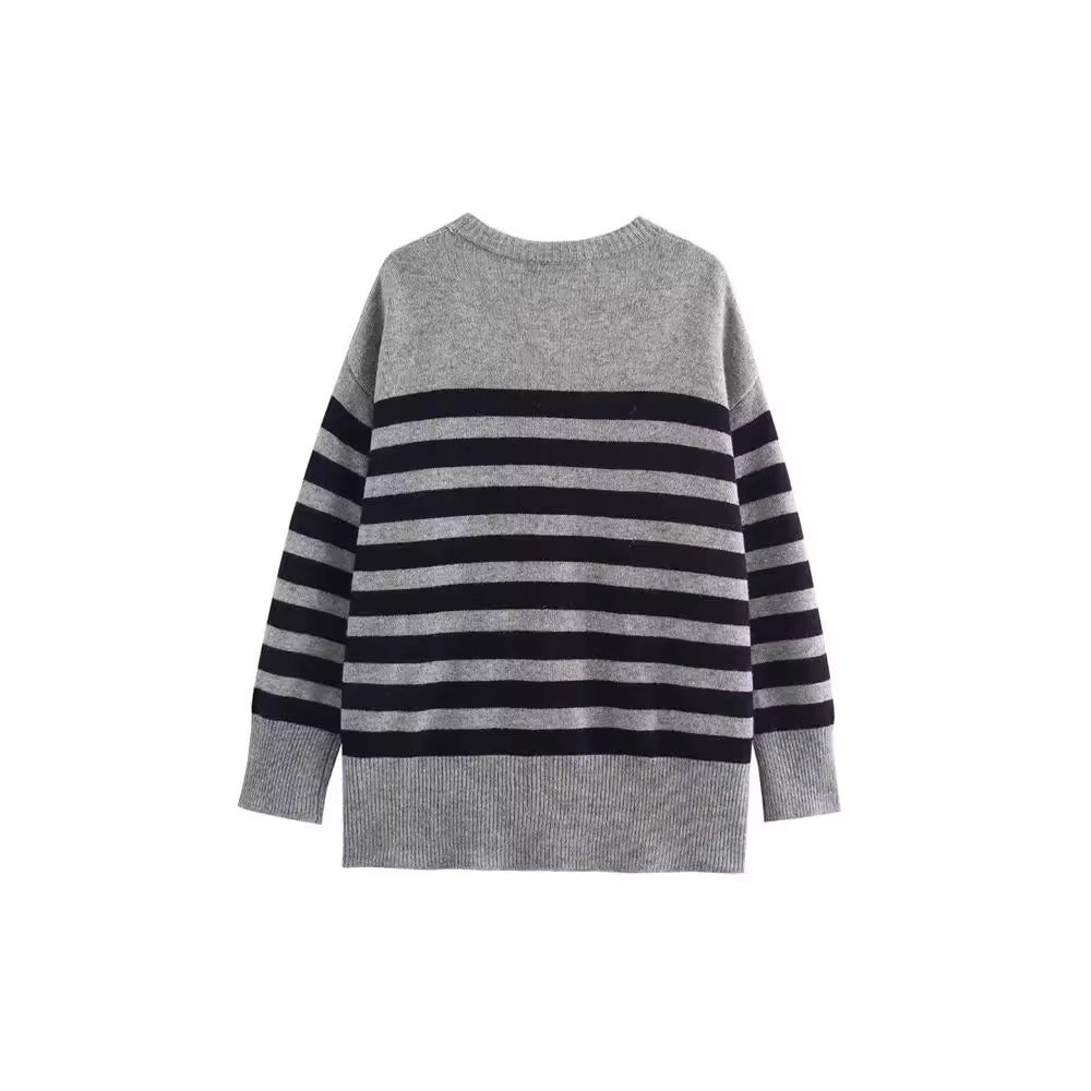 Striped Knitted V-neck Long-sleeved Jacket