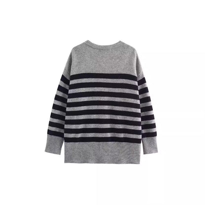 Striped Knitted V-neck Long-sleeved Jacket