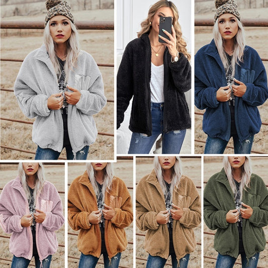 Fashion Women's Zipper Loose Thick Woolen Coat